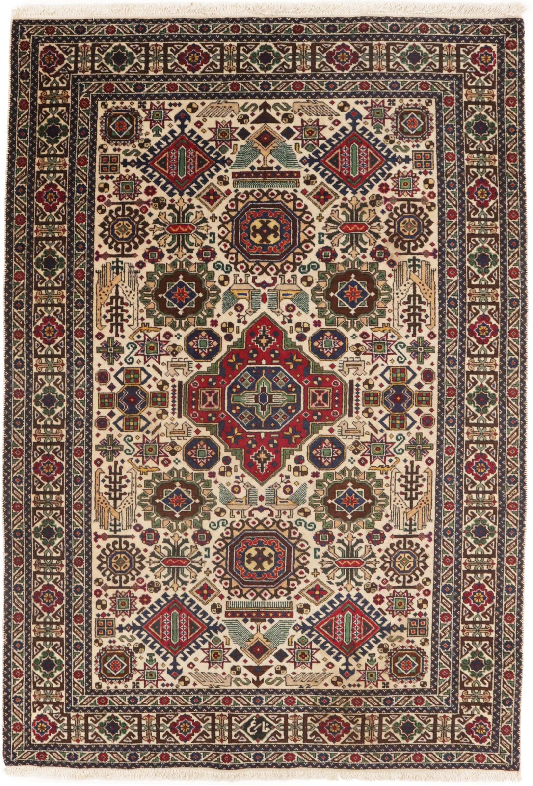 4’4X6’4 Antique Hand-Knotted Oriental Rug Cream Tribal Design Home Carpet