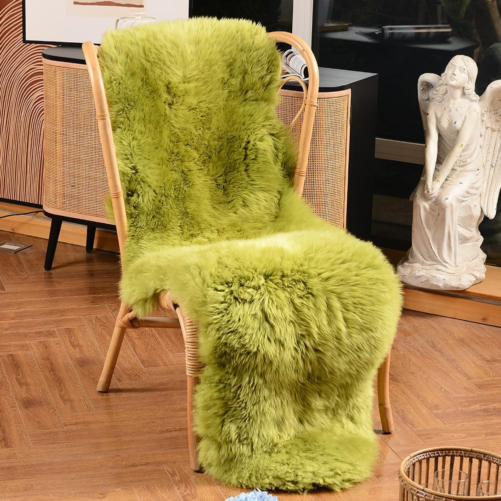 Fluffy Pea Green Genuine Sheepskin Rug 2×6 Ft for Living Room & Bedroom