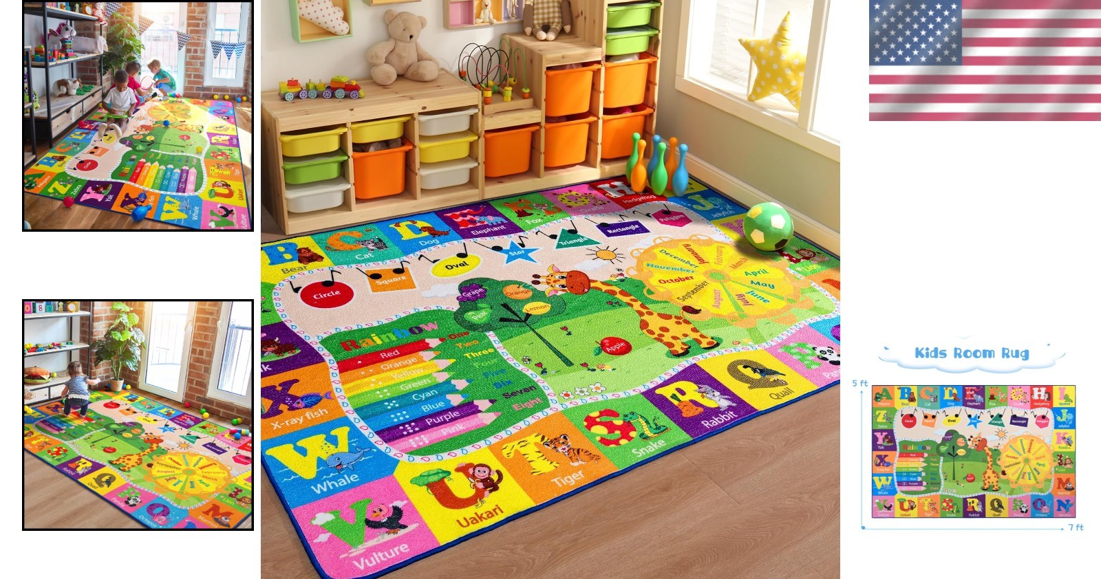 Machine Washable 5×7 Kids Rug: Cartoon Animal Play Mat for Bedroom & Classroom