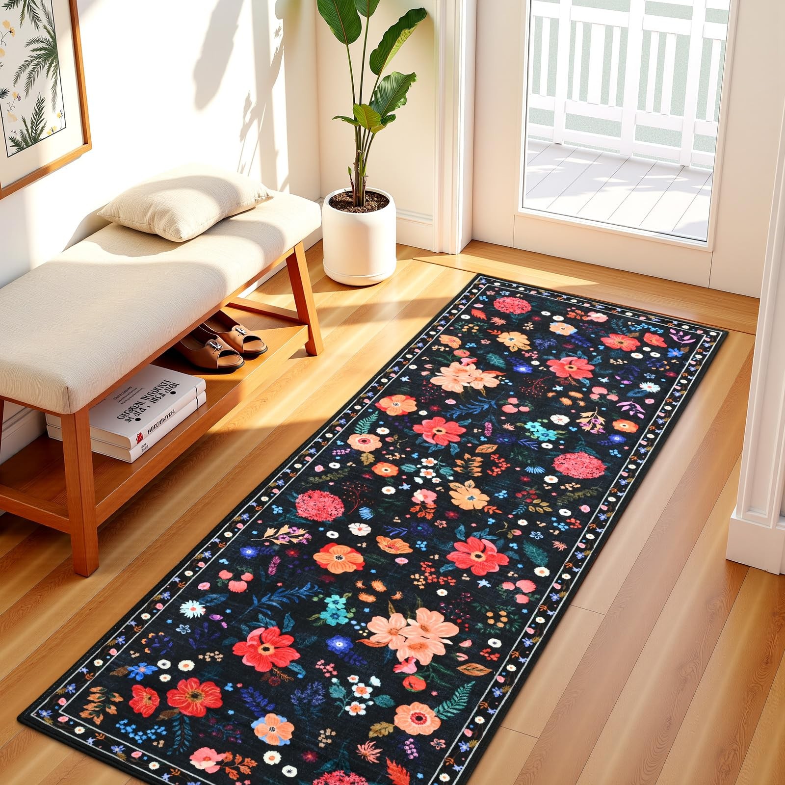 Floral Entryway Runner Rug 2×6, Washable Black Boho Rug for Hallways Non-Slip…