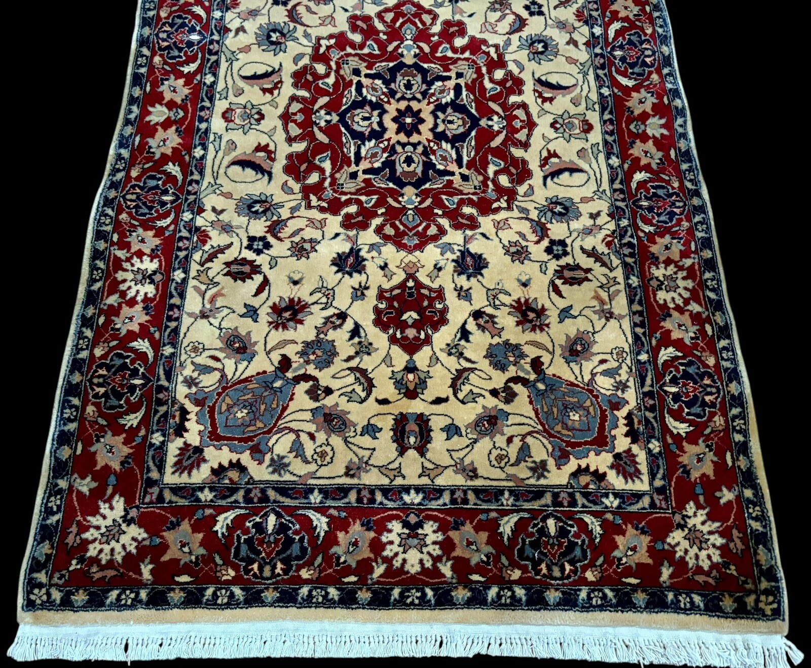Vintage 3×5 Handmade Wool Floral Burgundy Tan Ivory Pink Navy Blue Medallion Rug