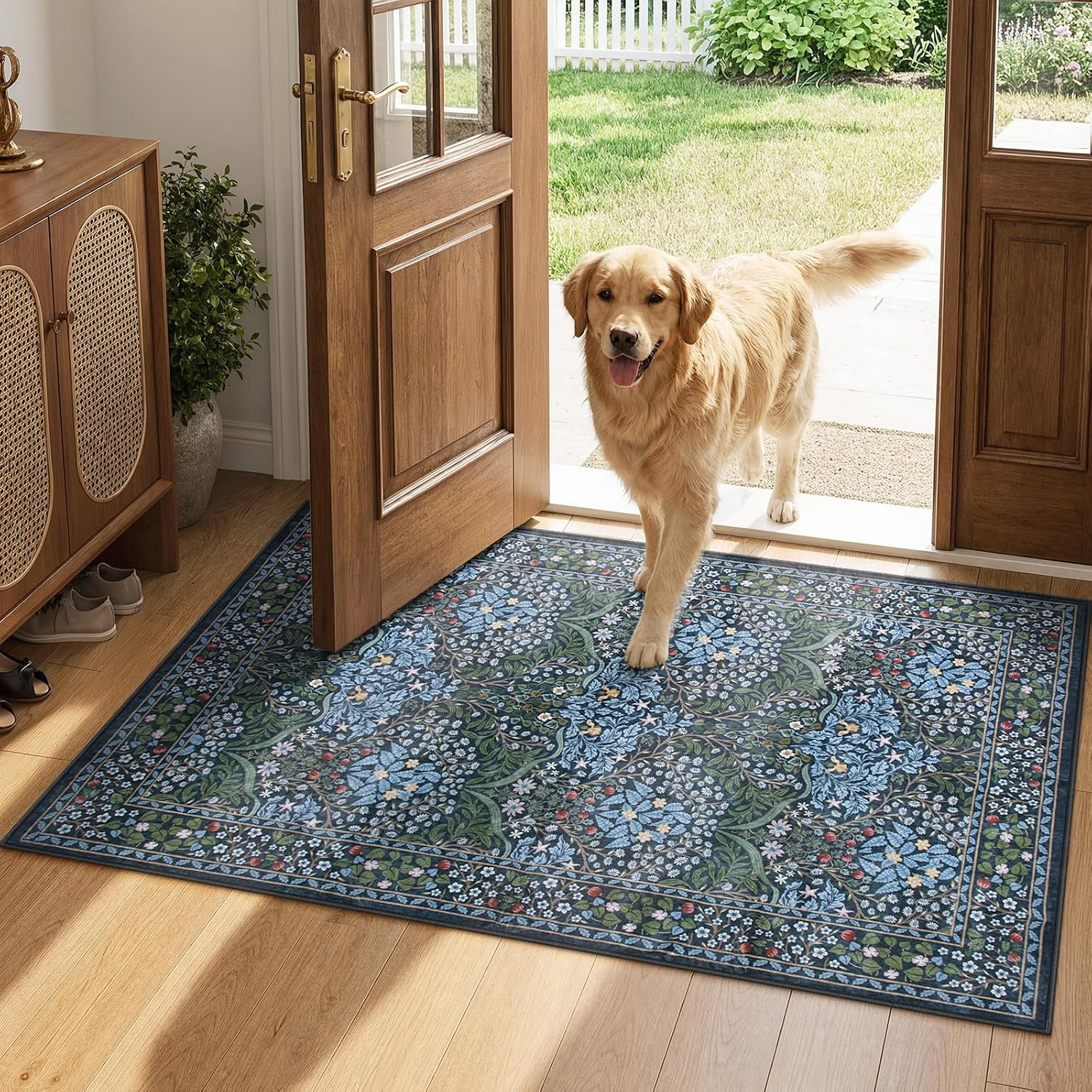 Floral Entryway Rug, 2×3 Kitchen Rugs Non Slip Washable Boho Blue Forest Design,