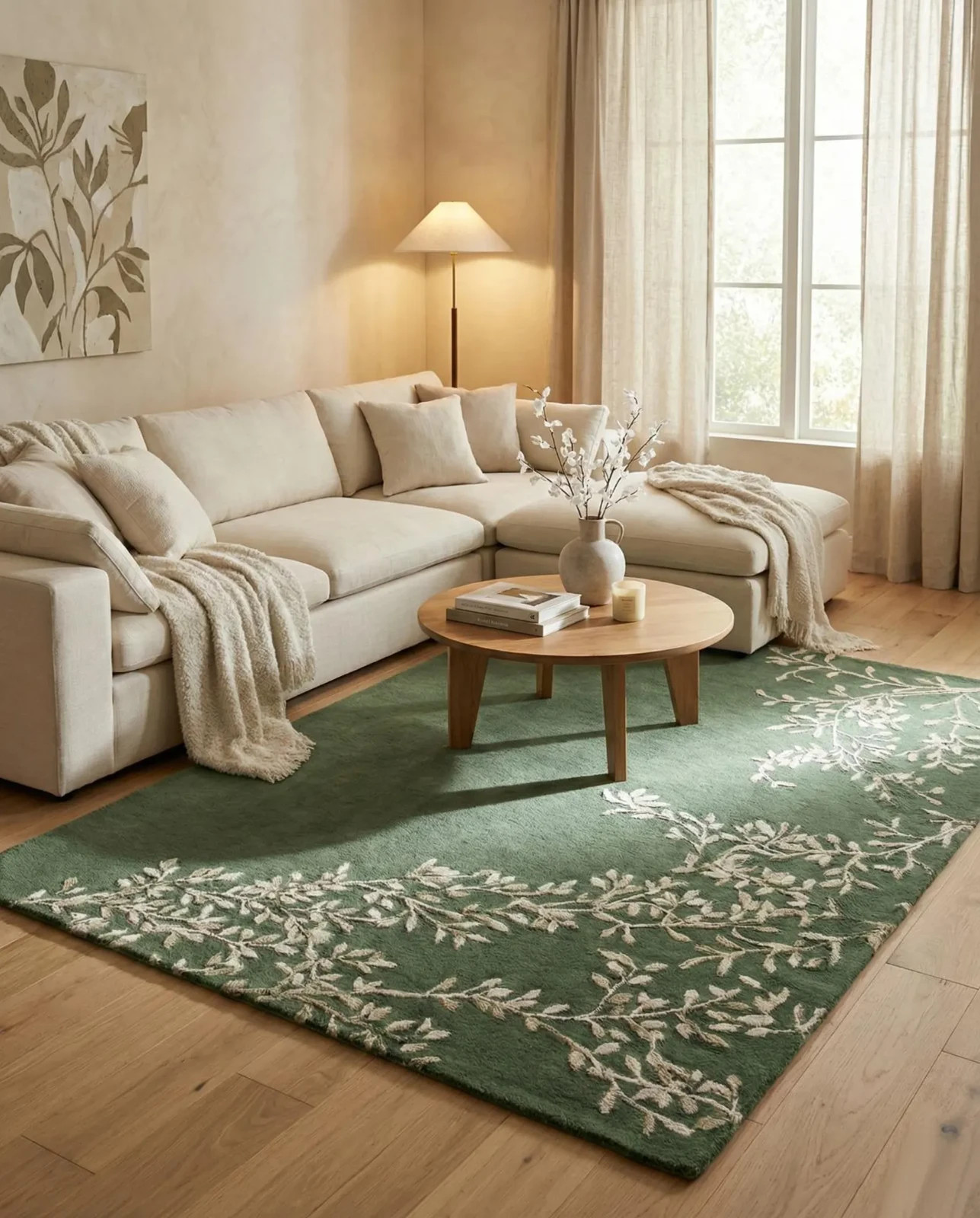 Botanical Vine Green Rug, Modern Hand Tufted Rug, Contemporary Handmade Carpet