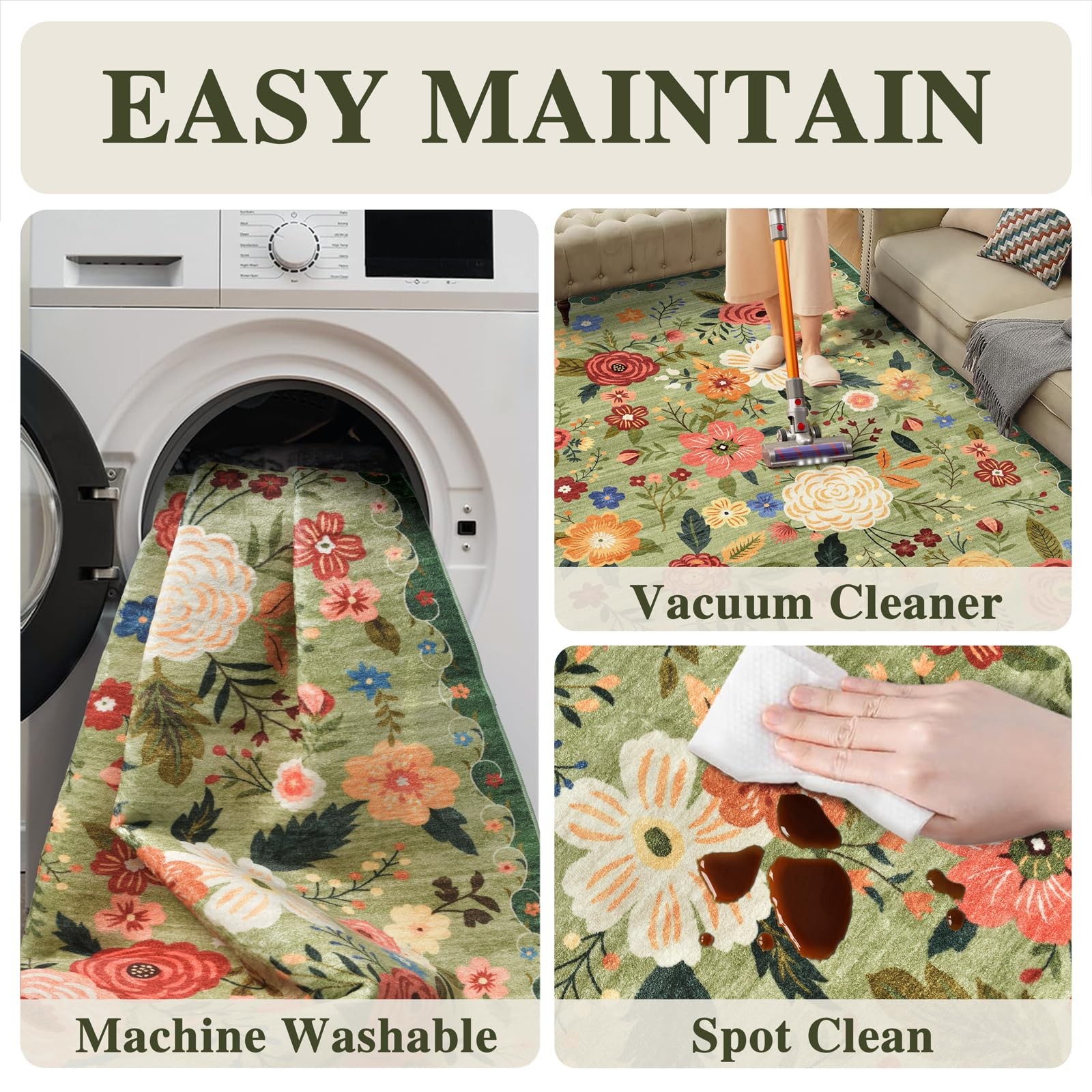 Best 5×7 Washable Area Rug for Living Room, Floral Non-Slip Non-Shedding & Easy