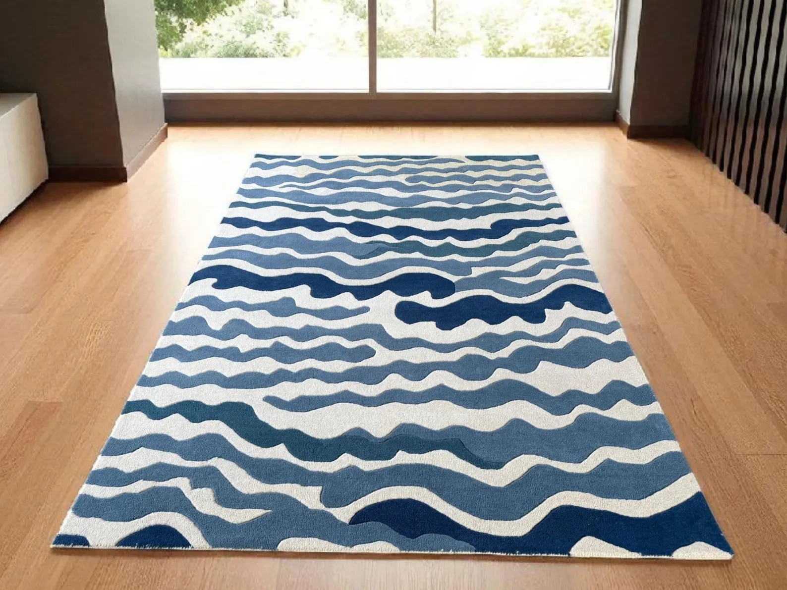 Hand-Tufted Wool Rug: Blue Sea Wave Design, Beach House Decor