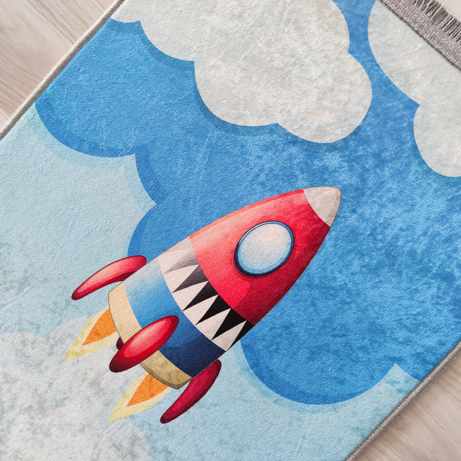Kids Personalized Spaceship & Clouds Foam Padded Praye, Anti-Slip Mat, 416 Blue
