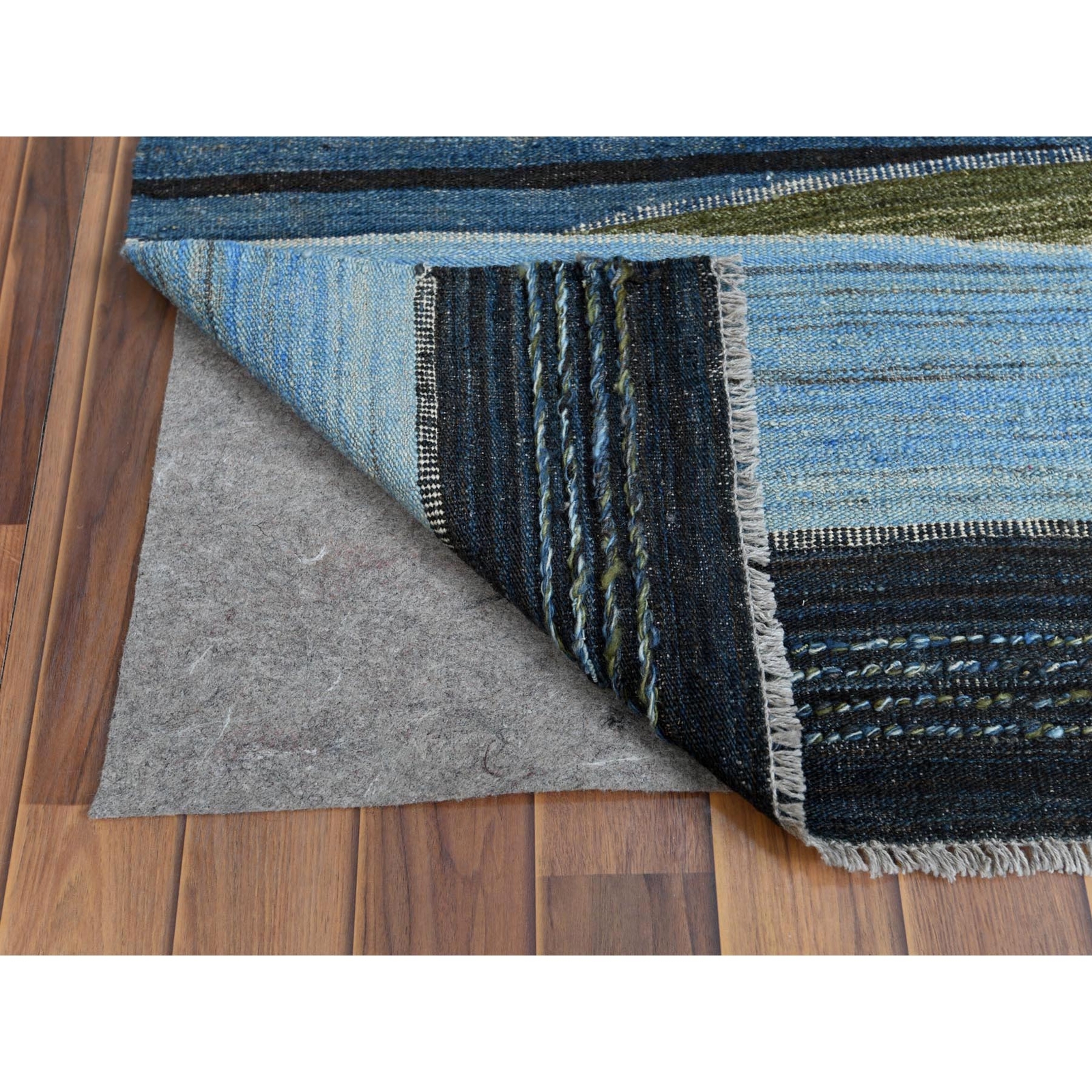 9’7″x11’10” Brown And Blue Mountain Design Flat Weave Kilim Pure Wool Rug R60101