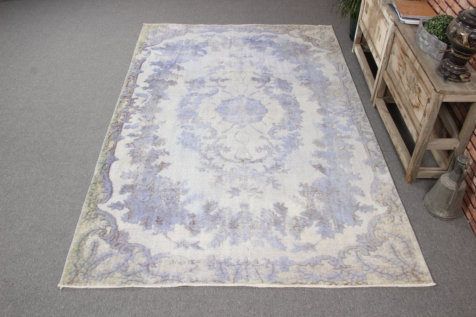 Turkish Vintage Rug, 5,6×9 ft Rug, Blue Solid Wool Rug