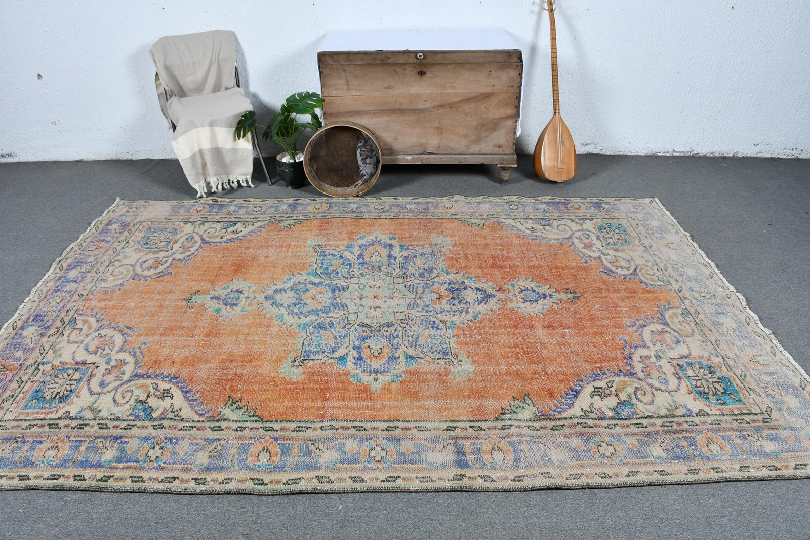 Turkish Vintage Rug 6,2×9,4 ft, Orange Oriental Wool Rug