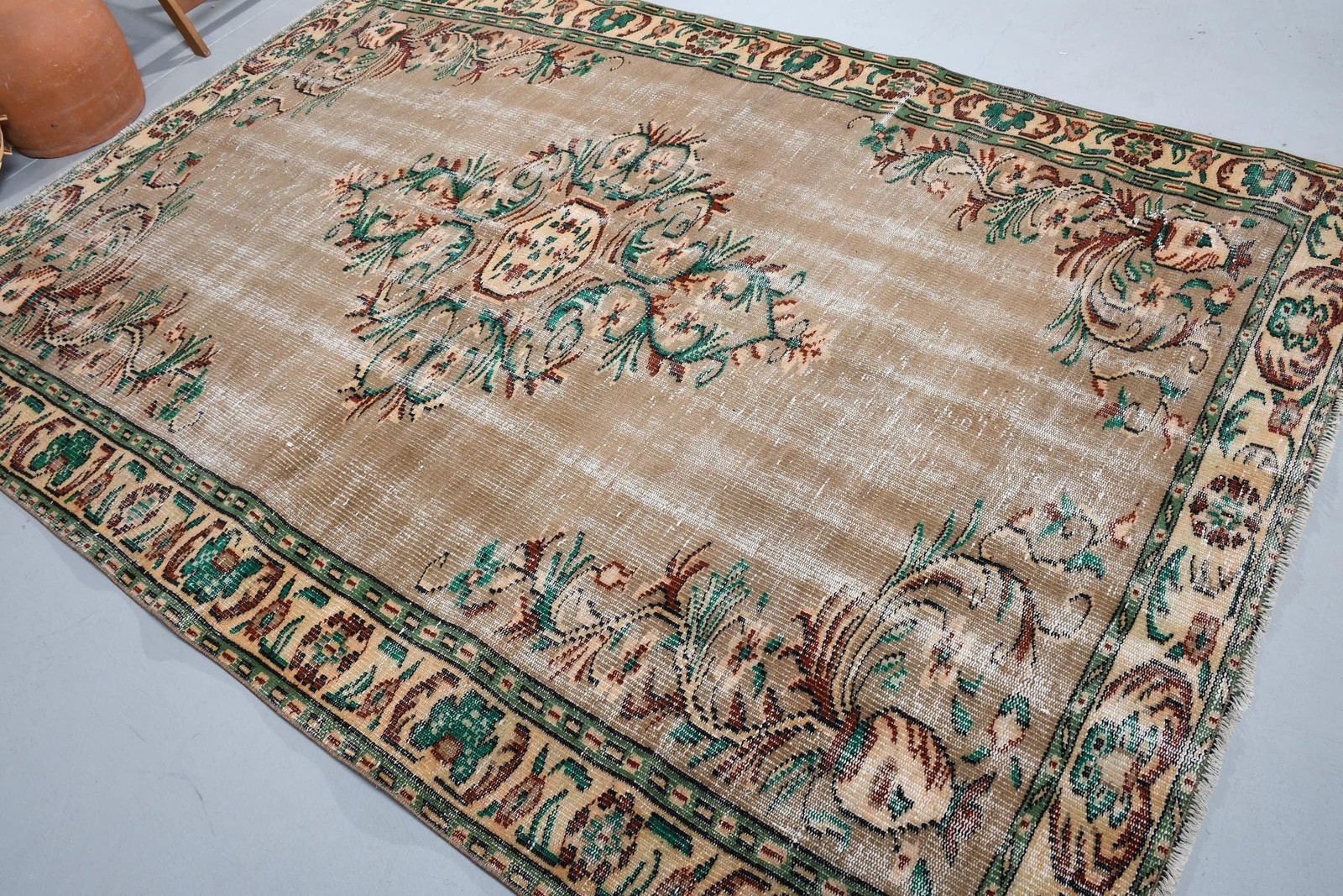 Turkish Vintage Rug, 6,2×9 ft Rug, Brown Green Bordered Wool Rug