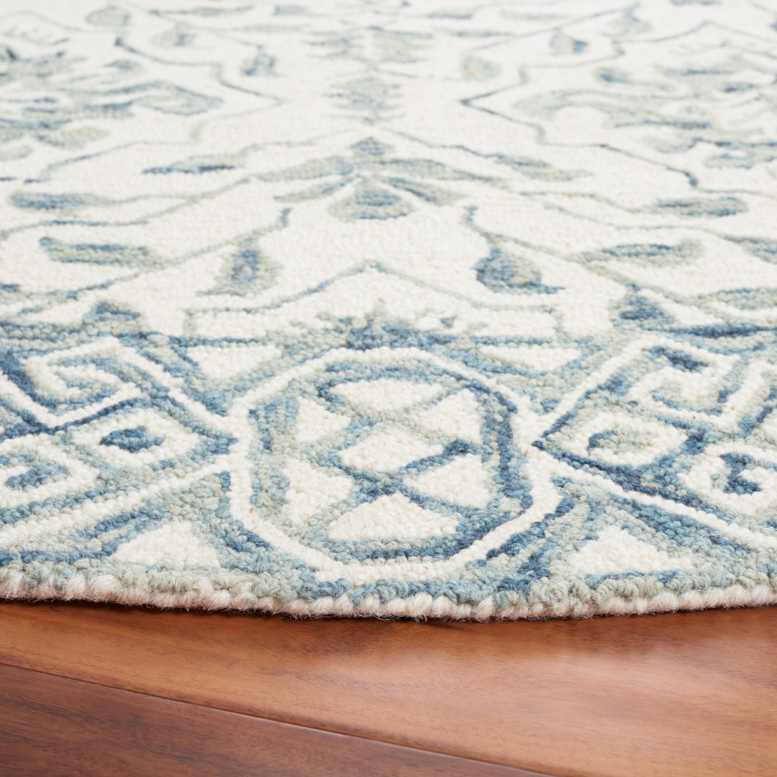 Dip Dye Area Rug 3′ Round Blue Ivory Handmade Wool – Ideal for High Traffic