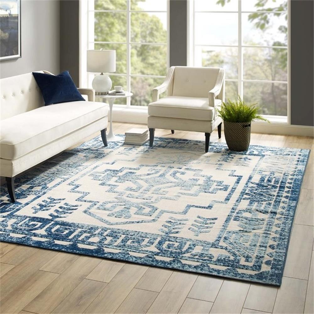 Modway Reflect 94.5×122″ Nyssa Geometric Southwestern Aztec Rug – Ivory and Blue