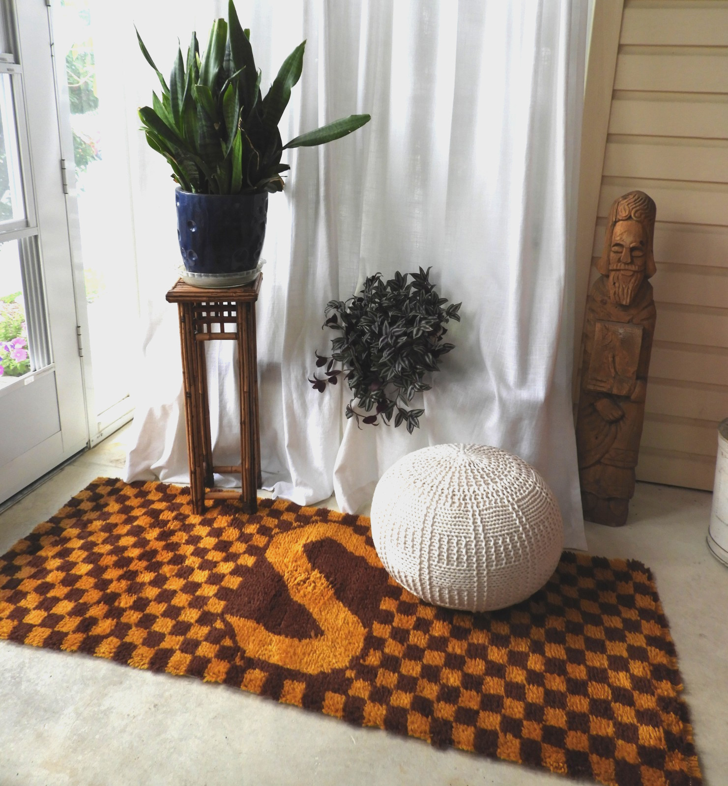Vtg BOHO 70’s LatchHook Rug Checkerboard Shag Wool Runner Monogram 27″x72″