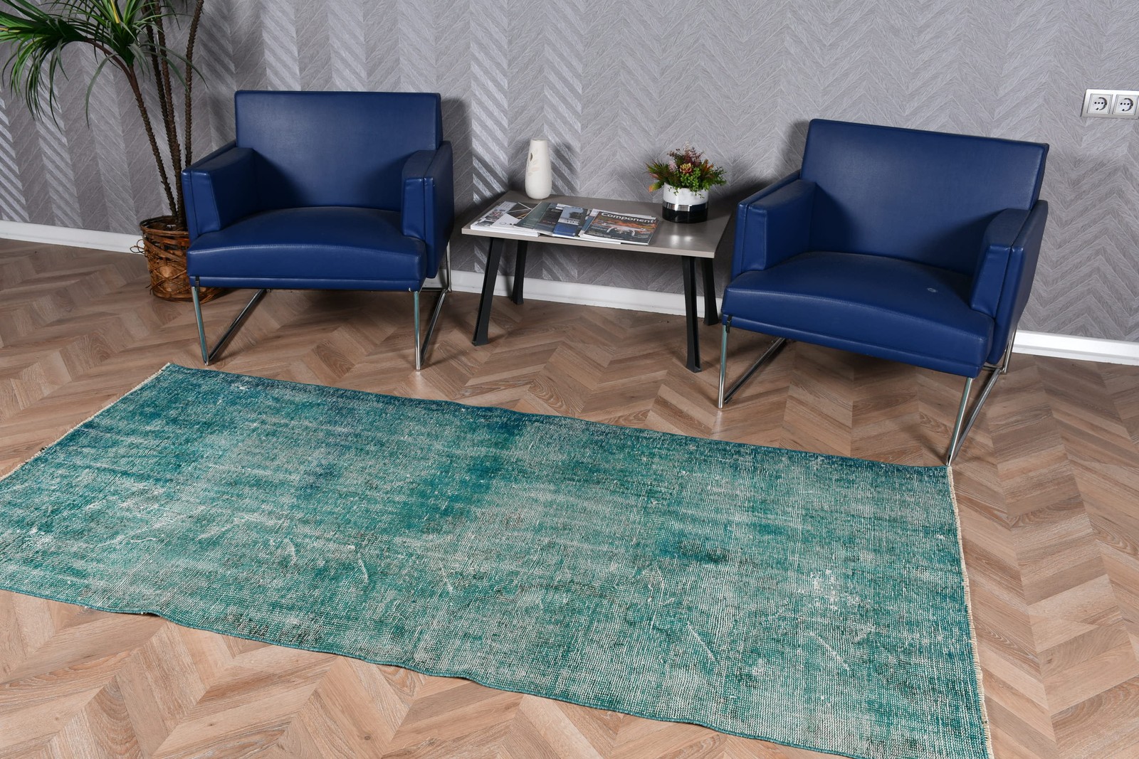 Vintage Turkish Area Rug 3,6×7,6 ft, Blue Green Moroccan Rug