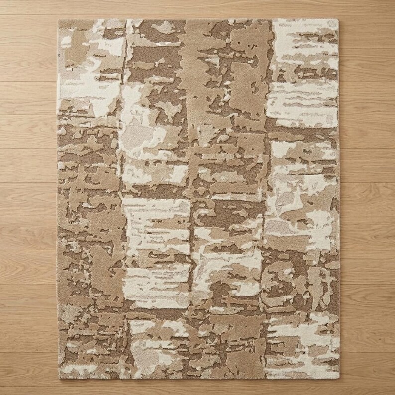 Hand Tufted Wool Abstract Beige Area Rug Modern Neutral Carpet Custom Size
