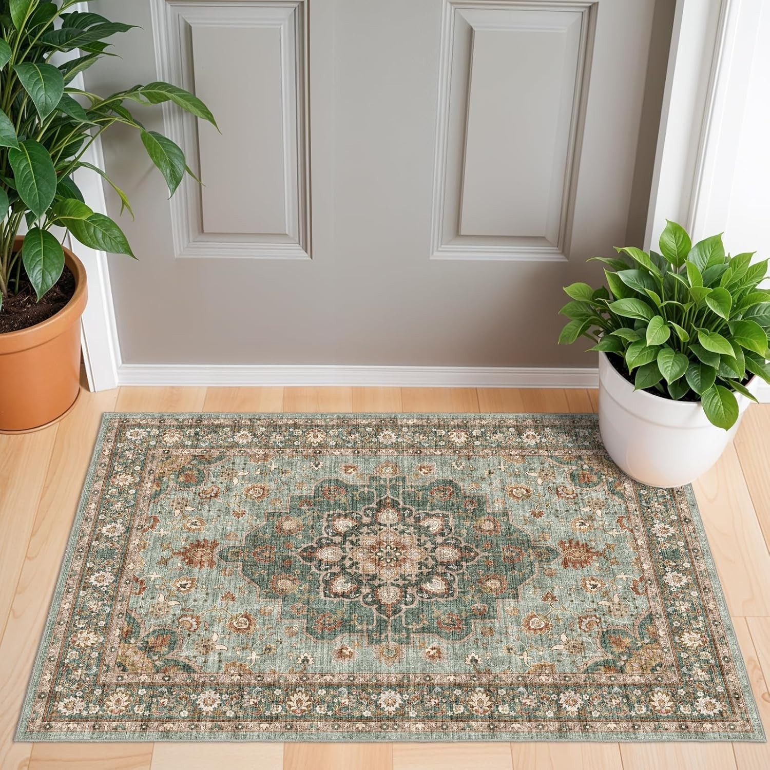 Washable Area Rug 2×3 Floral Green Stain Resistant Low Pile Indoor