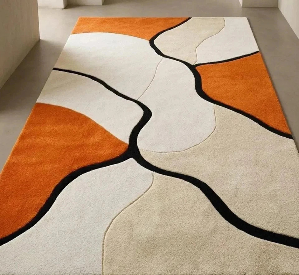 Hand Tufted Wool Rug Abstract Geometric Orange Cream Black Modern Area Carpet