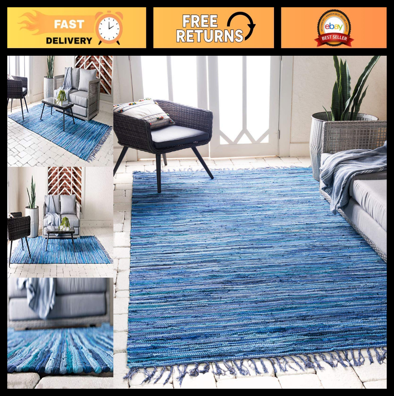 Soft Hand Woven Cotton Area Rug, 9×12 ft, Natural Fiber, Striped Design, Navy/Iv