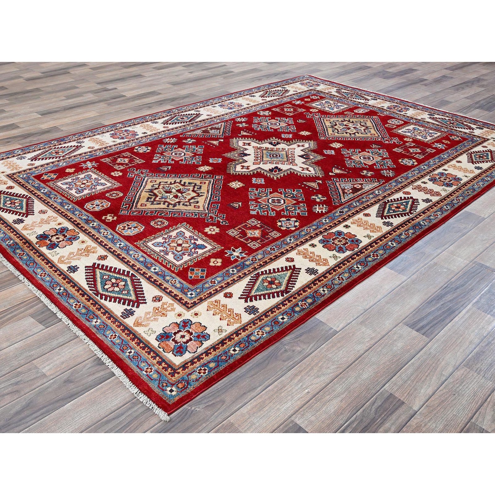 6’x8’10” Red Afghan Special Kazak Geometric Pattern Hand Knotted Wool Rug R315