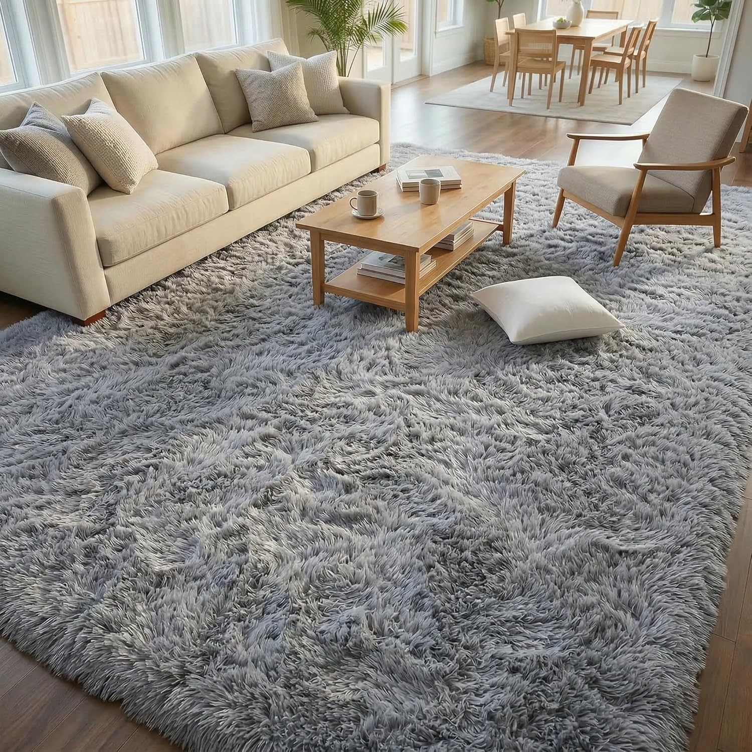 Soft Grey Shag Rug 7×10 Feet – Plush Non-Slip Carpet for Living Room & Kids Room