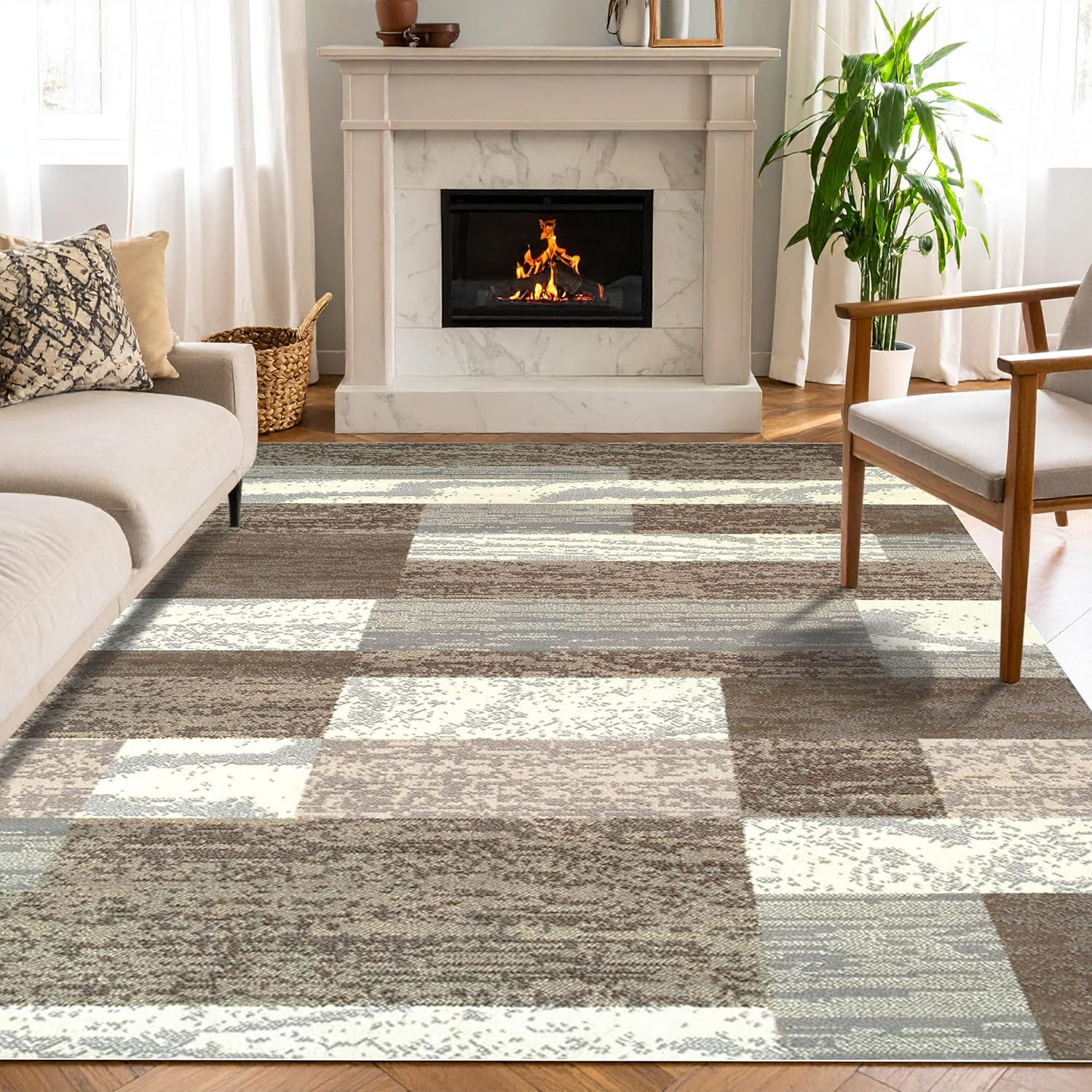 Indoor Area Rug, Jute Backed, Modern Geometric Patchwork Floor Decor for Bedroom