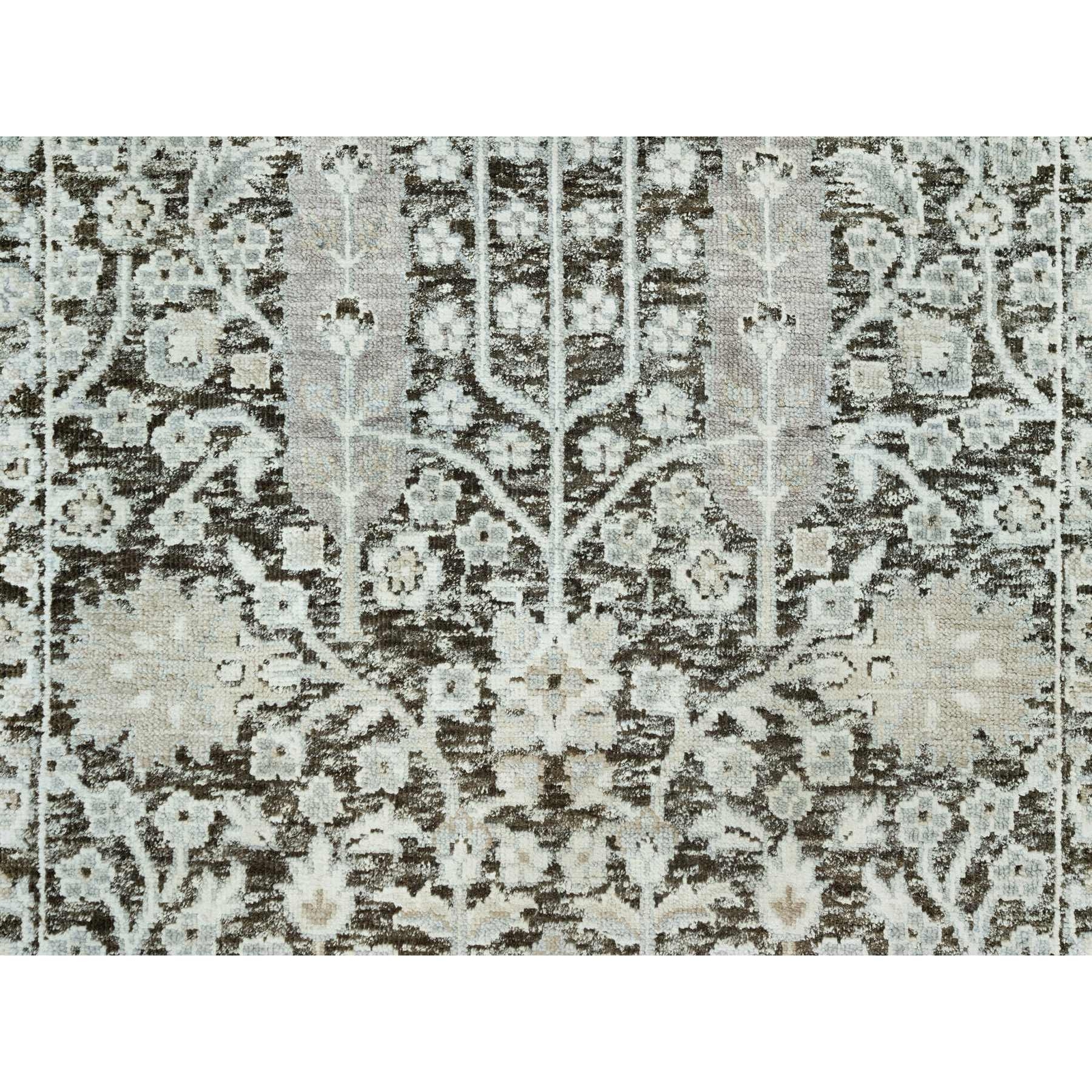 2’6″x10′ Gray Hand Knotted Silk and Wool Willow and Cypress Tree Rug R90680