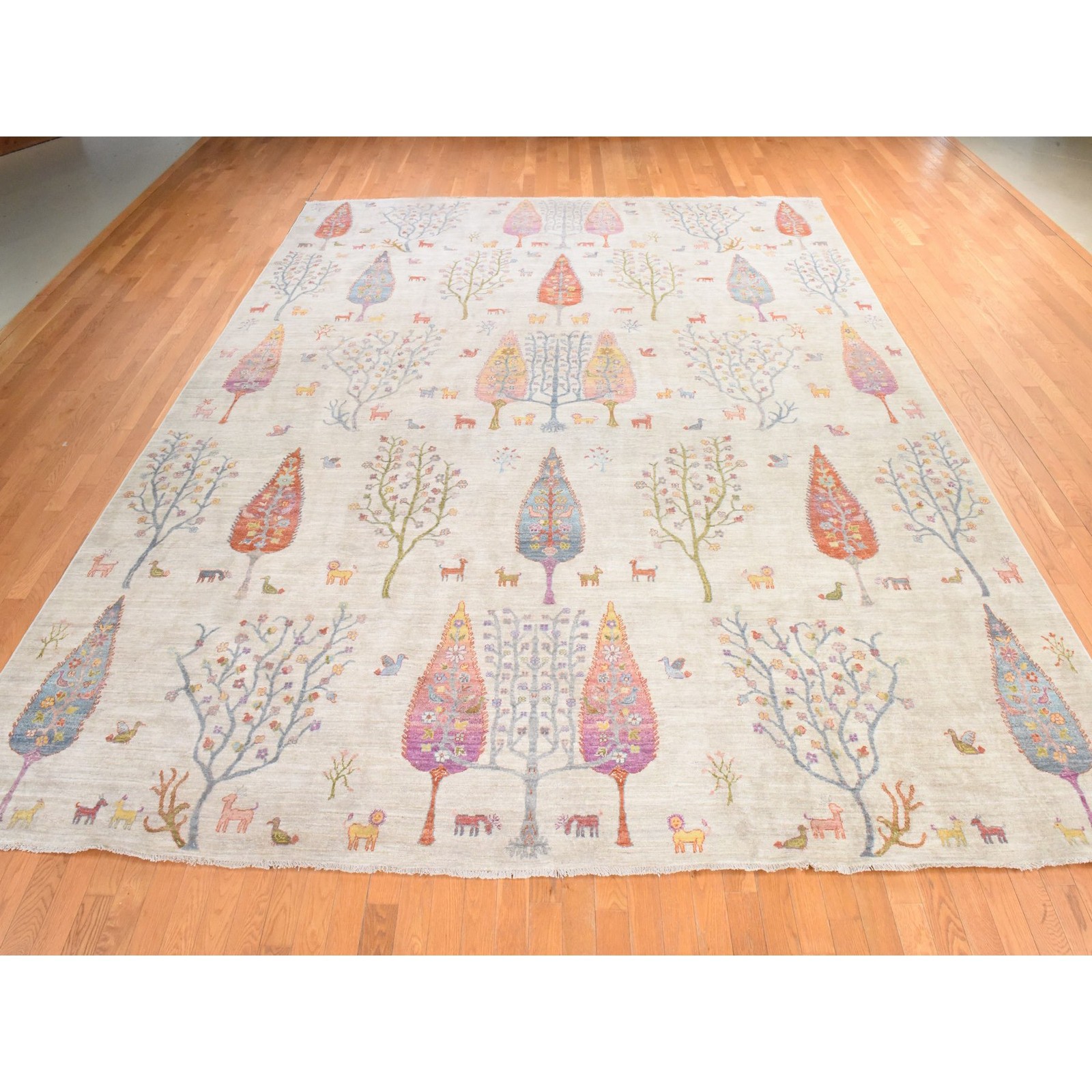 11’6″x14’6″ Ivory Folk Art Ethnic Willow Trees Hand Knotted Wool XL Rug 78659