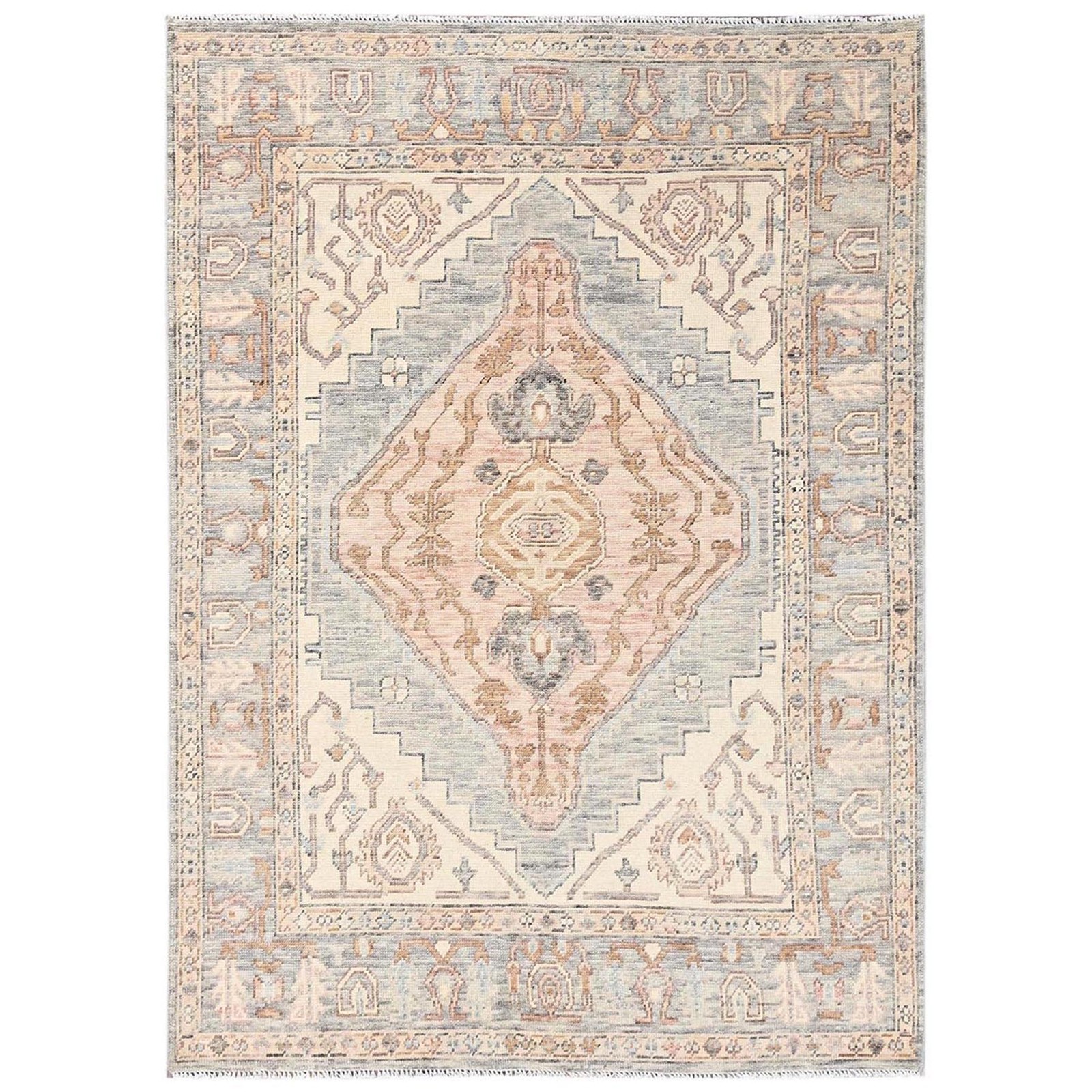 5’x6’10” Irish Cream Brown Hand Knotted Anatolian Village Design Wool Rug 2717