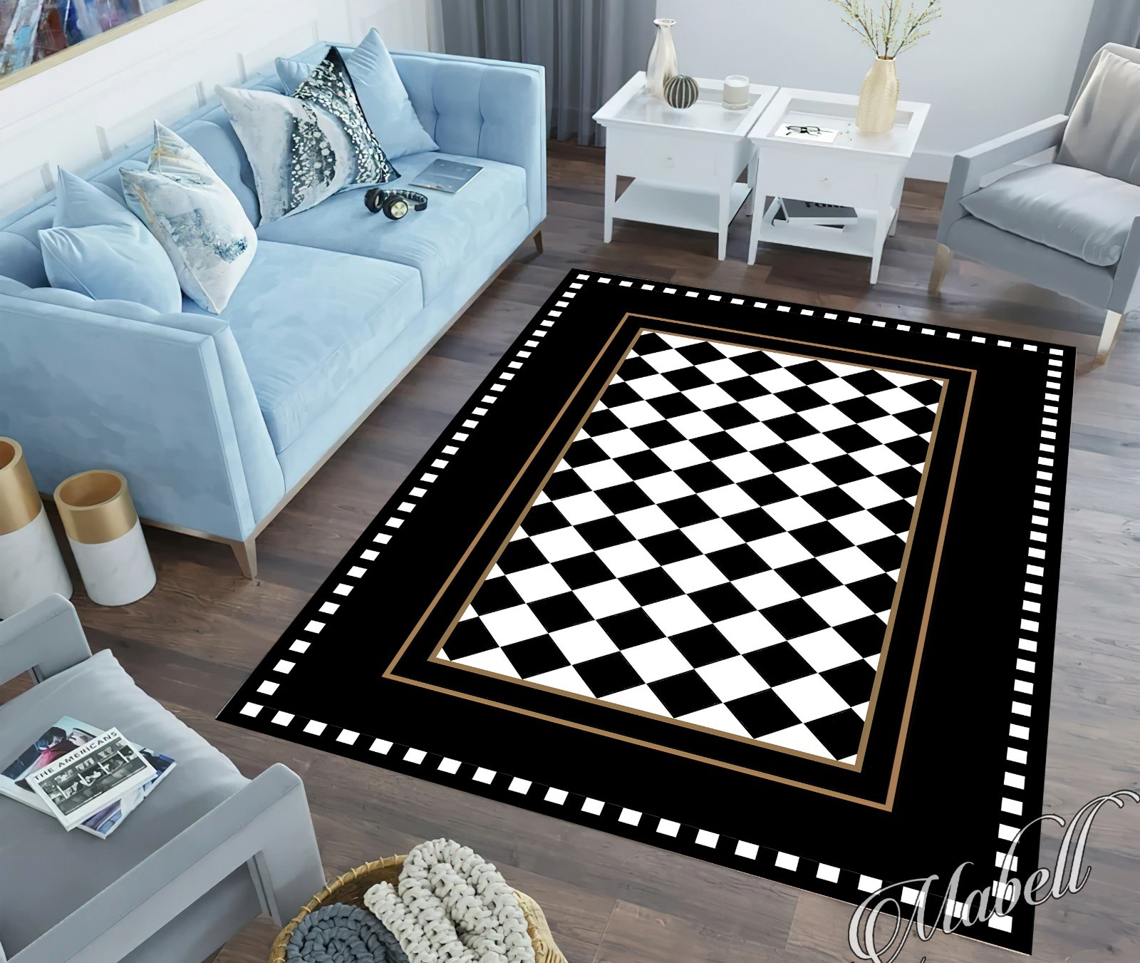 Checkered Rug, Black Border Check Pattern Nonslip Area Rug, Black and White Rug