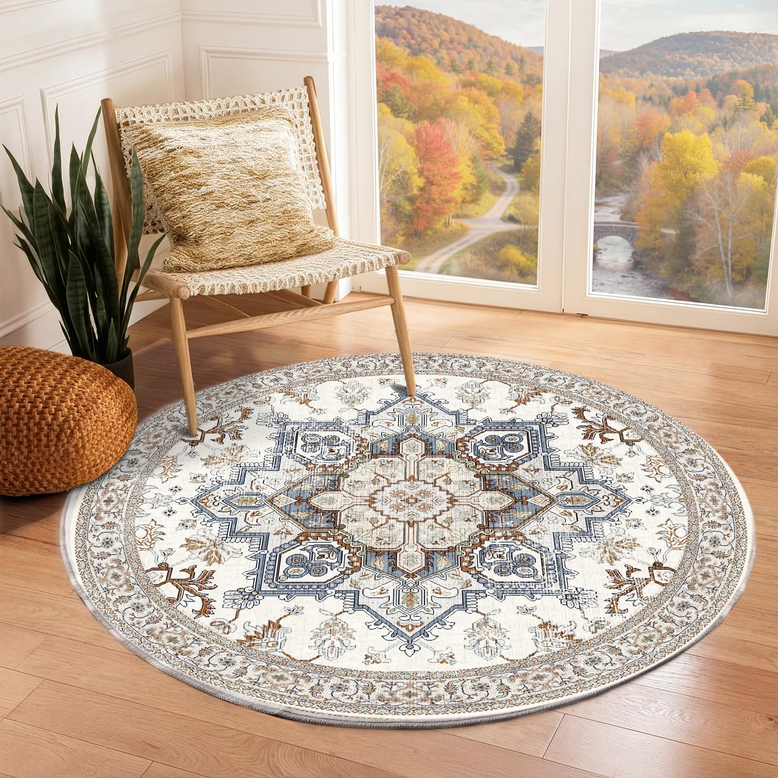 Soft Round Rug 4ft Neutral Washable Circle Rug 4ft with Non Slip Backing Play