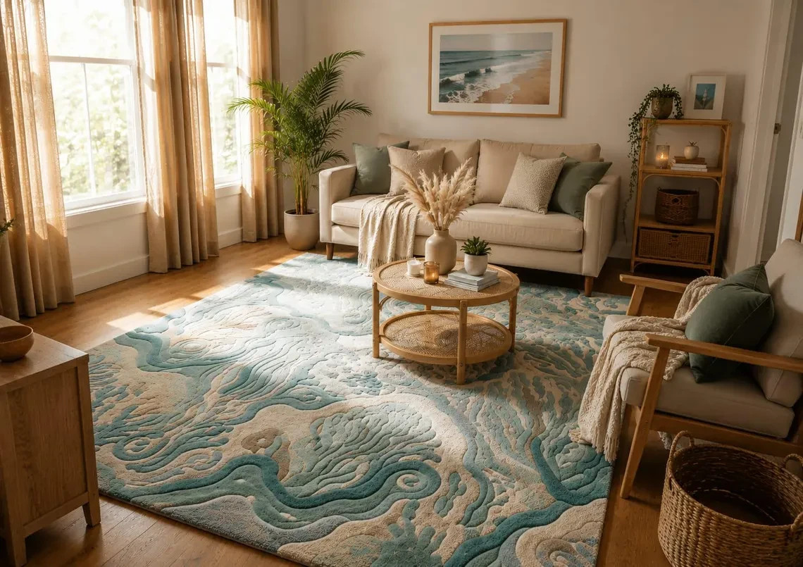 Ocean Breeze Coral Reef Hand Tufted Wool Rug – Luxury Coastal Area Rug Carpet.