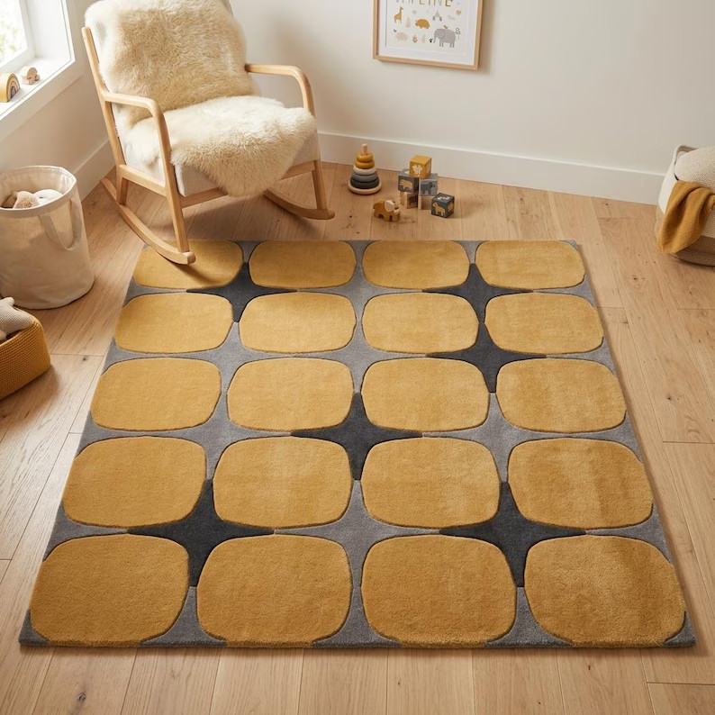 Mustard Geometric 100% Wool Rug Hand Tufted Mid Century Modern Area Carpet etc.