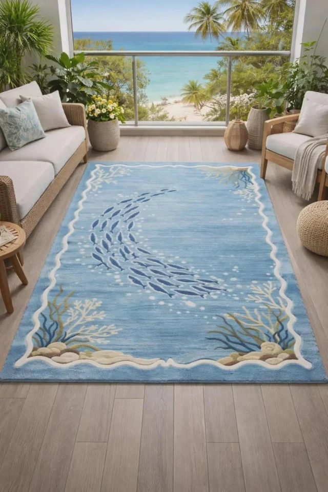 Hand Tufted Blue Ocean Area Rug Wool Carpet Living Room Bedroom Fish Design Rug