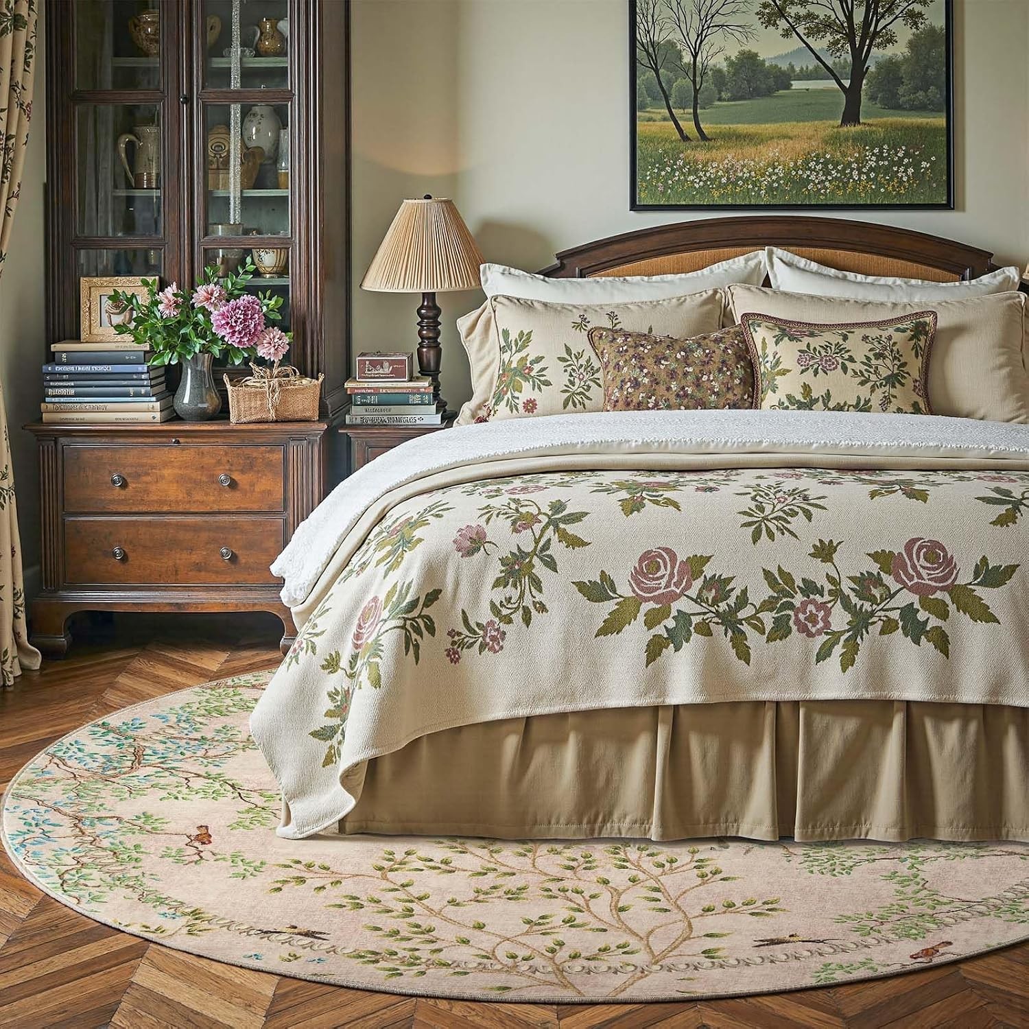 Yarden Round Rugs 8ft Beige Botanical Birds Print Machine Washable 8′ Circle