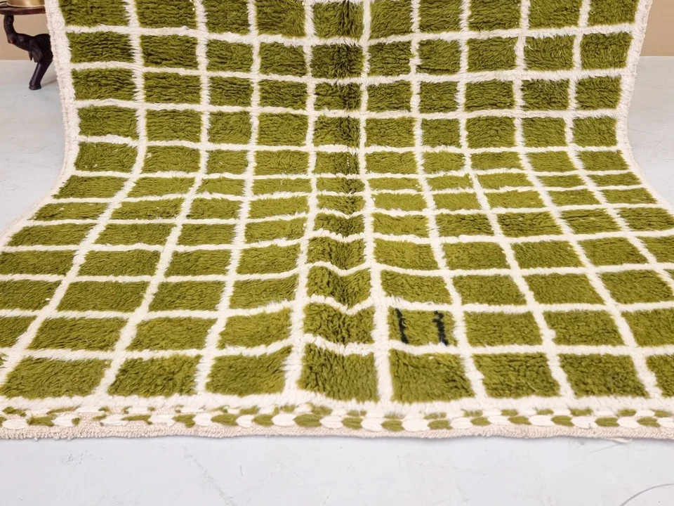 Moroccan Handmade Rug Berber Grid Green & White 100% Wool Carpet Rugs