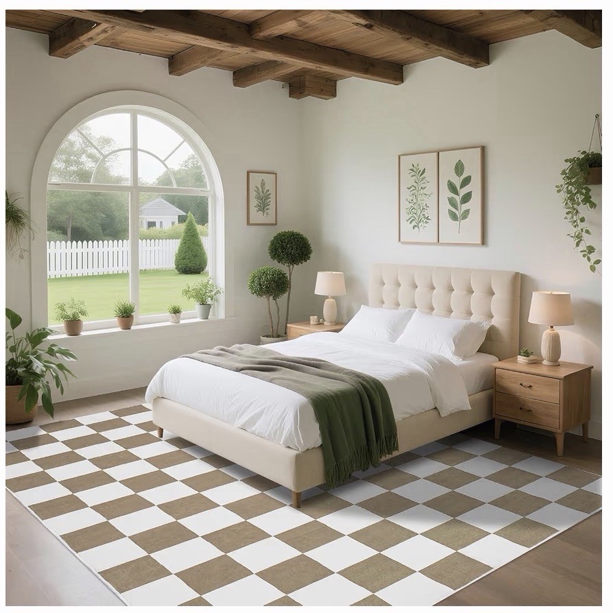 Washable Checkered Rug, 5×7 ft Beige and White Rug, Low Pile