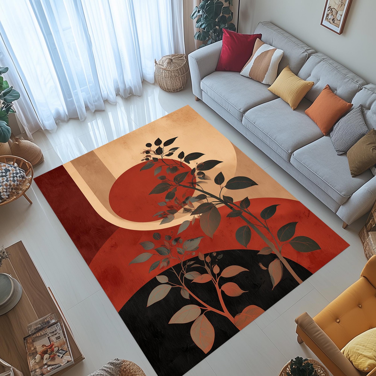 Retro Botanical Area Rug Terracotta Beige Plant Silhouette Modern Warm Decor