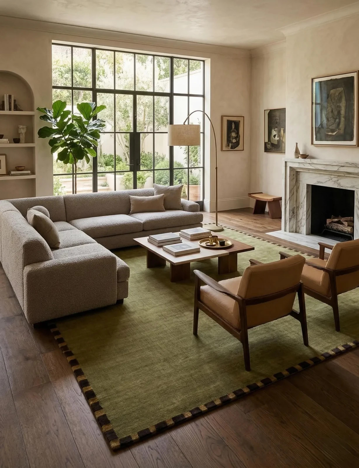 Hand Tufted Wool Rug: Olive Green, Modern Border, Minimalist Area Carpet 9×15