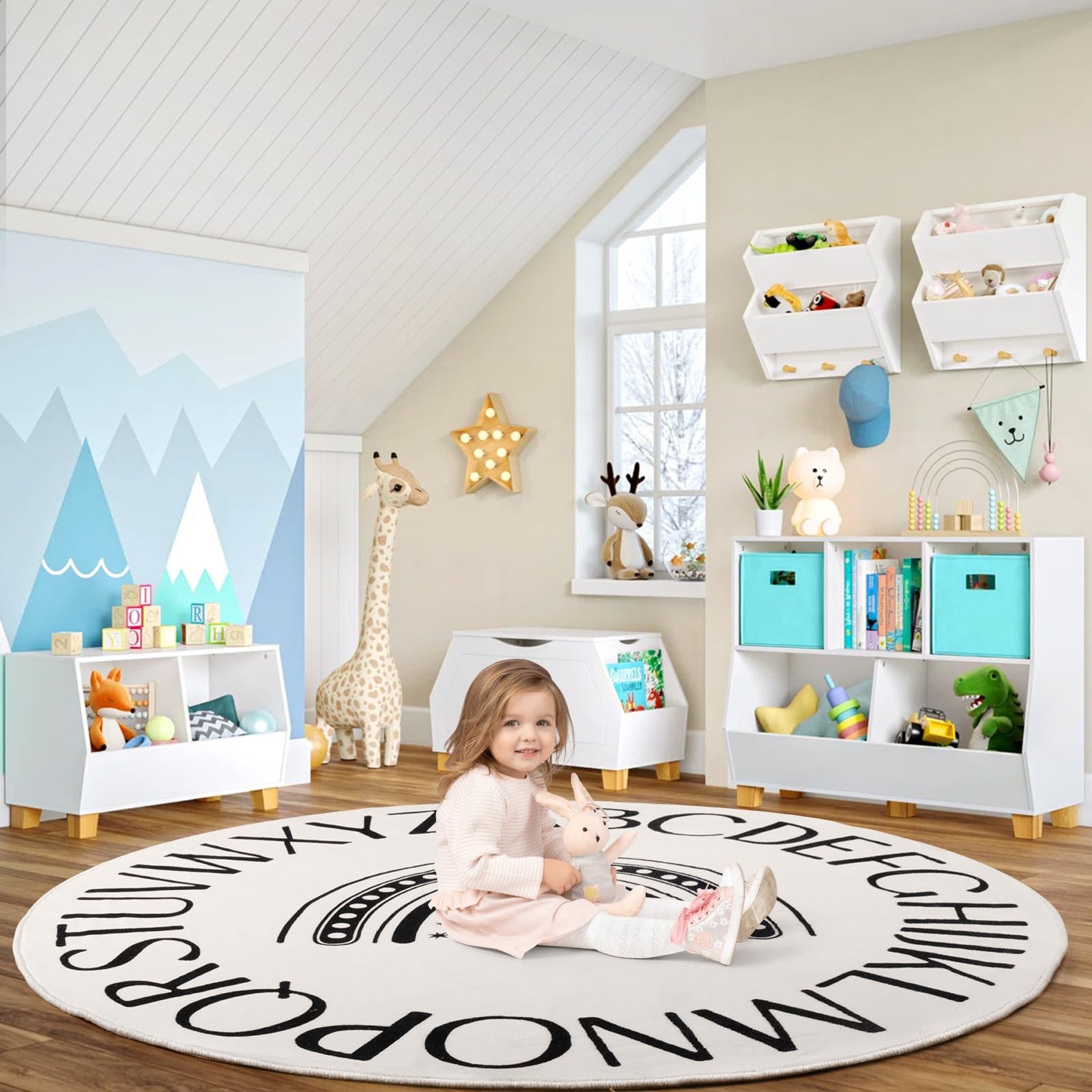 Truqual Round Kids Alphabet Rug, 47 inch Rainbow Classroom Rug, Black | Non-S…