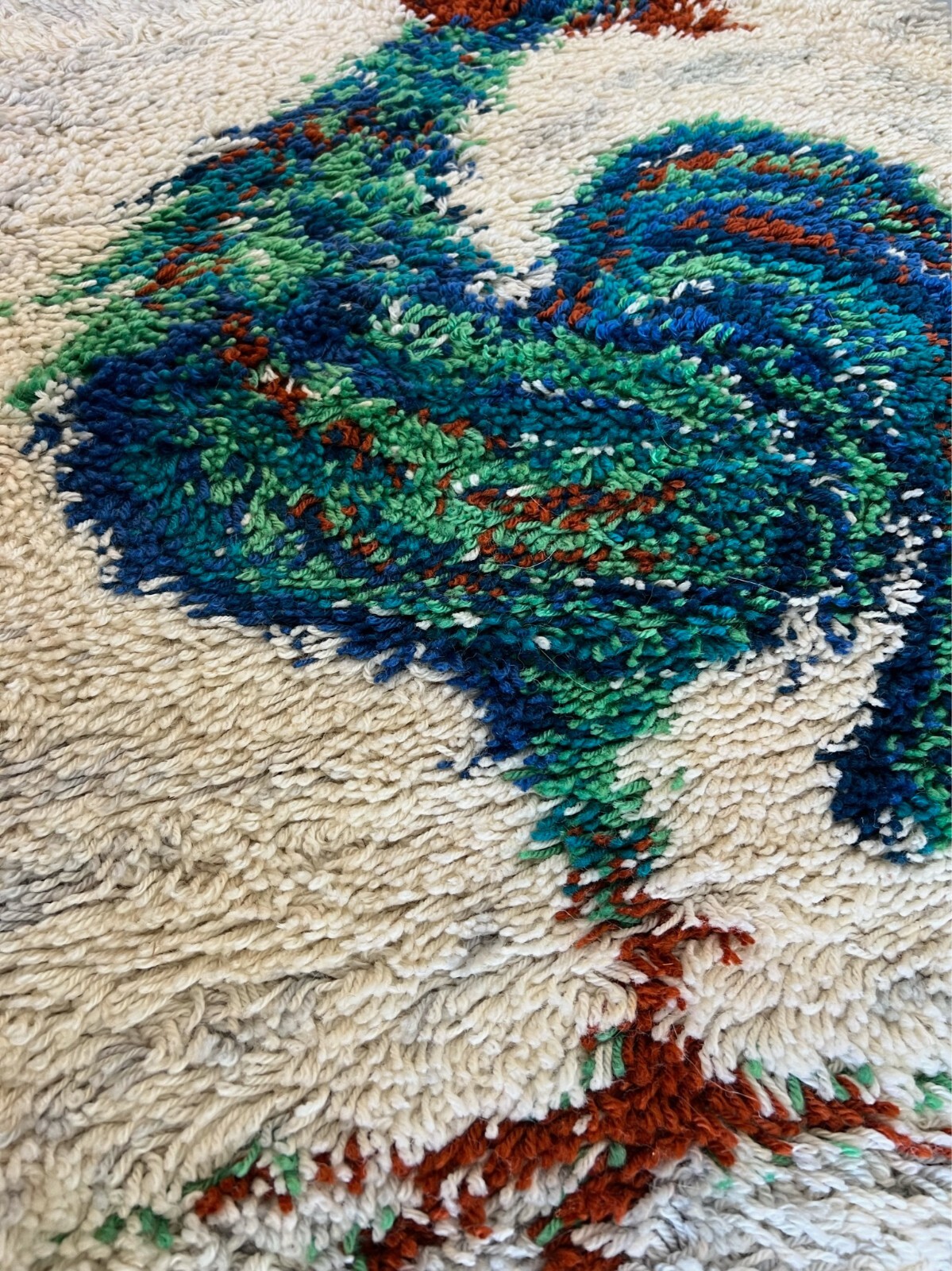1960’s AIDA Rooster Cock Off White UNUSED Mid Century Rya Rug Modern Wool