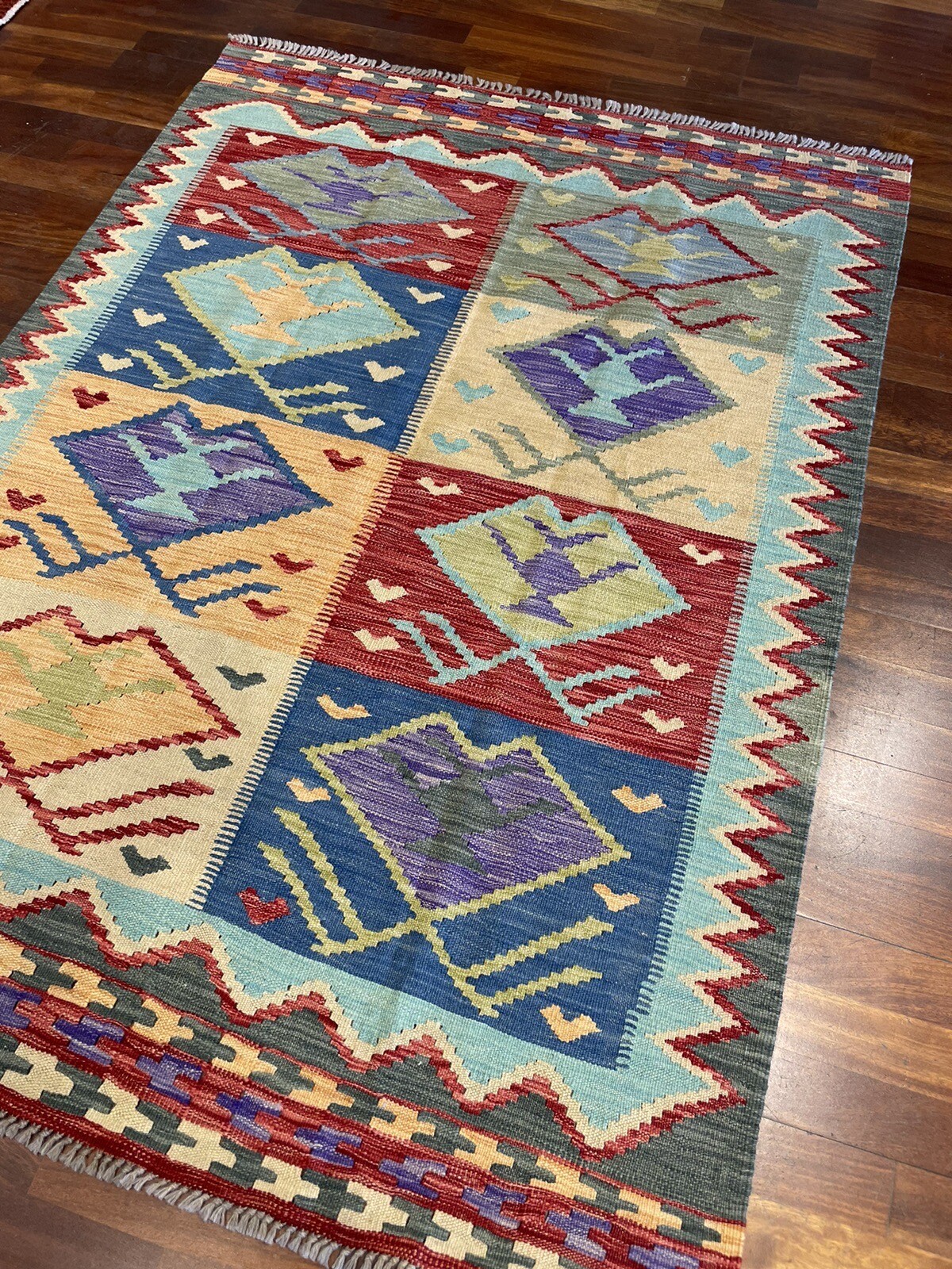 Colorful Tribal Veg dye Hand-Made Kilim Area Rug 4.2×5.9