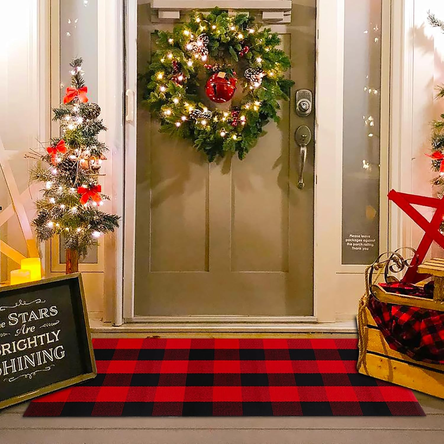 Christmas Red and Black Plaid Rug, 24 X 51 Inches Cotton Hand-Woven Layered Door