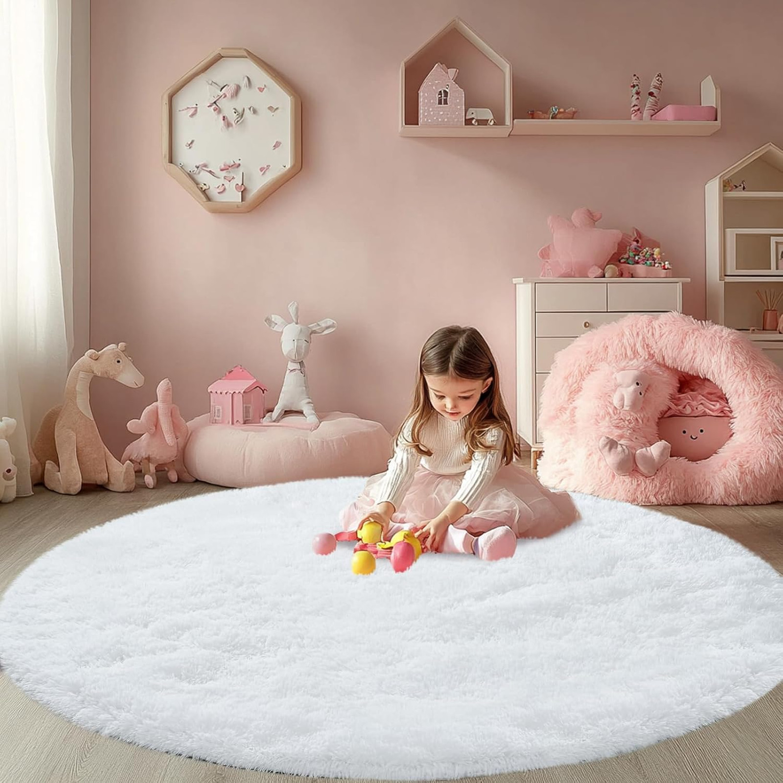 Round Area Rug for Bedroom White 3ft Fluffy Furry Plush Carpet for Kids Girls