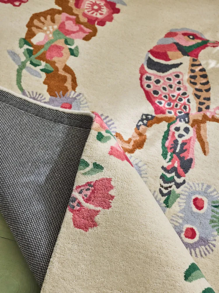 Chinoiserie Ivory Bird and Branch Botanical Handmade Area Rug 8×10 Sitting Room