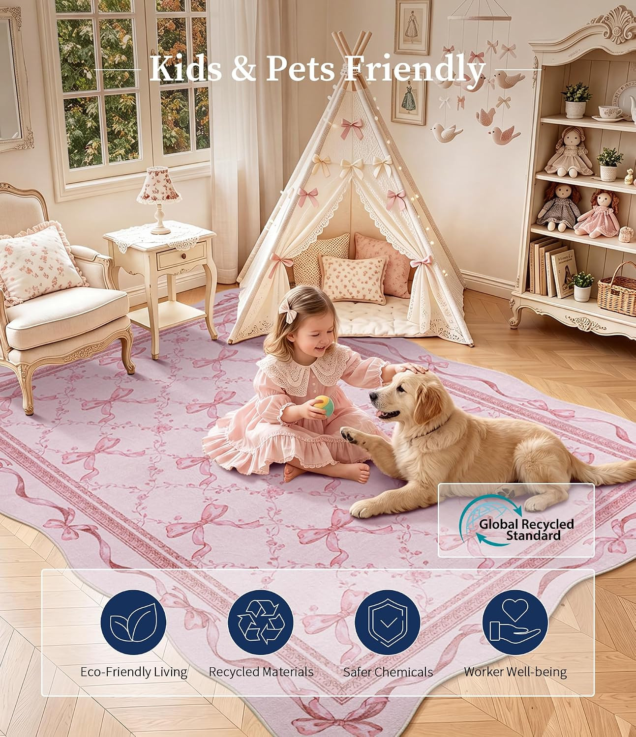 Pink Bow Entryway Rug for Girls: 3X5 Washable Floral Scalloped Rugs | Non-Slip L