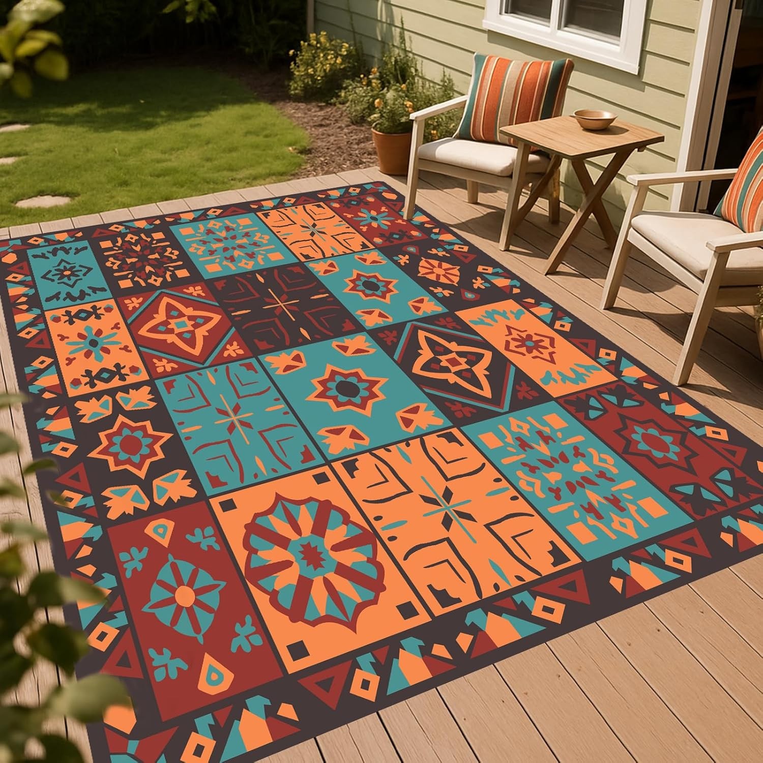 6×9 Feet Black & White Plastic Outdoor Rug Stain Resistant Waterproof Reversible