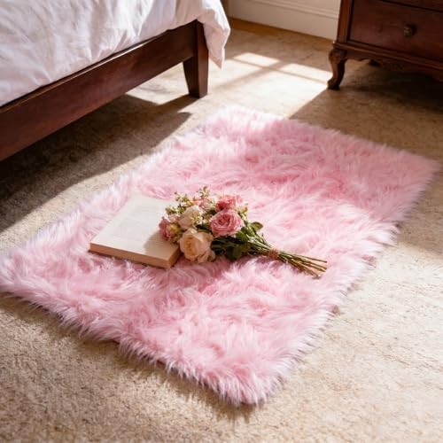 Ultra Soft Faux Fur Rug, Fluffy Shaggy 2 x 3 Ft Small Area Rug, Pink Plush