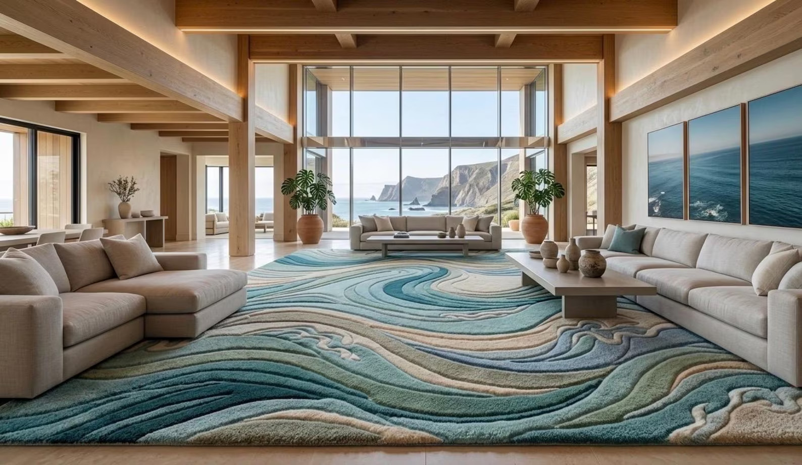 Hand-Tufted Wool Wave Rug – Abstract Ocean Texture, Coastal Living Room Area Rug