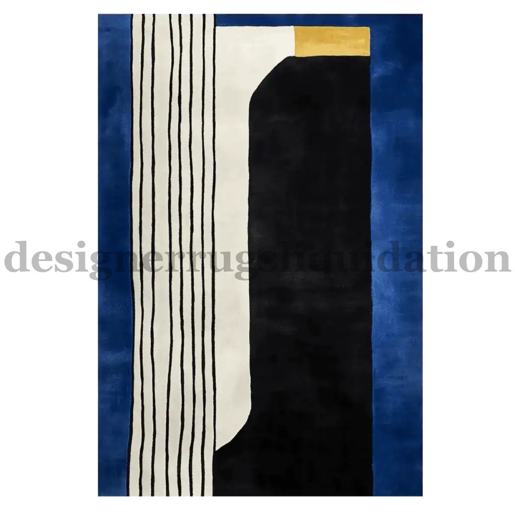 Modern Abstract Geometric Striped Hand Tufted Wool Blue Black White Area Rug