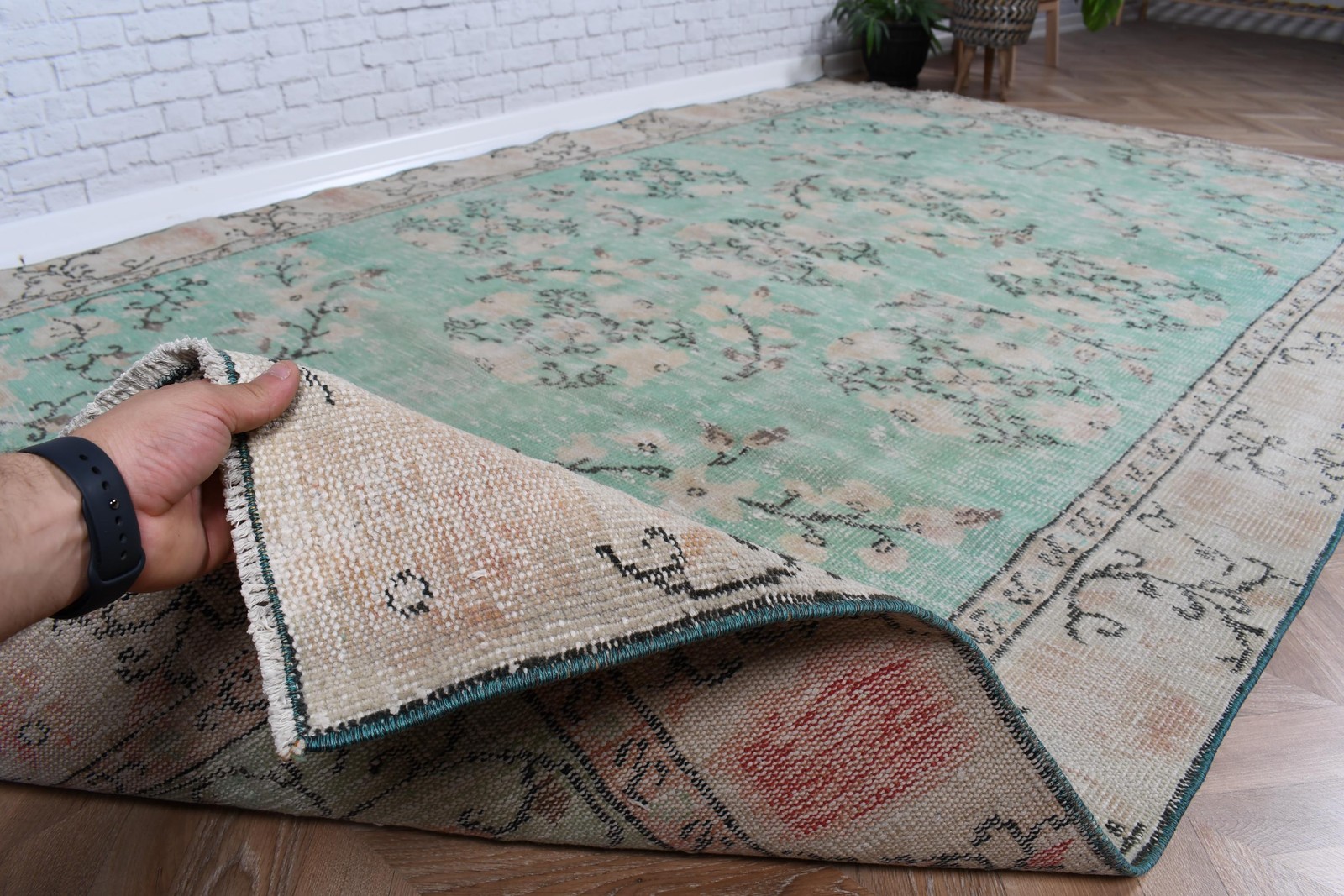 Turkish Rug 5,9×9,4 ft (181×288 cm), Green Floral Vintage Rug